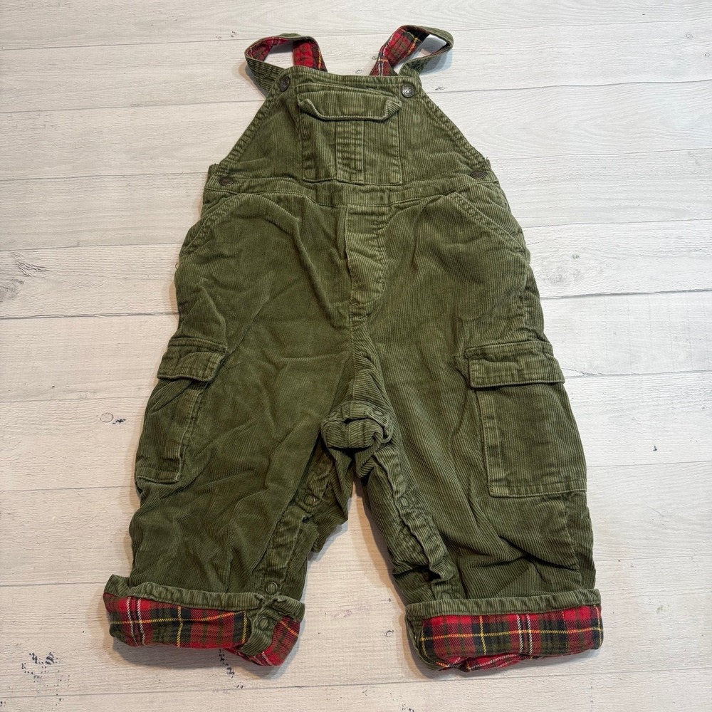 OshKosh B'Gosh baby boys green corduroy plaid flannel lined overalls 24 months
